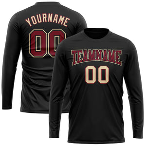 Custom Black Crimson-Cream Long Sleeve Performance T-Shirt