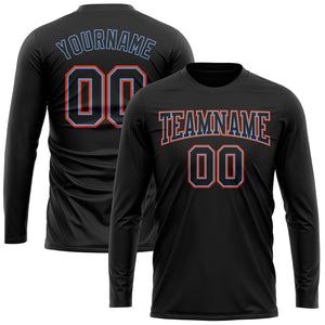 Custom Black Black Powder Blue-Orange Long Sleeve Performance T-Shirt