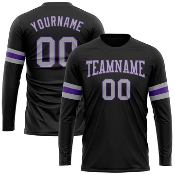 Custom Black Gray-Purple Long Sleeve Performance T-Shirt