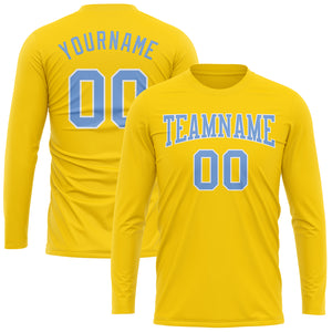 Custom Gold Light Blue-White Long Sleeve Performance T-Shirt