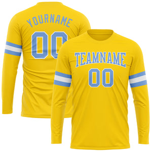 Custom Gold Light Blue-White Long Sleeve Performance T-Shirt