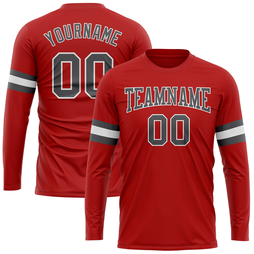 Custom Red Steel Gray-White Long Sleeve Performance T-Shirt