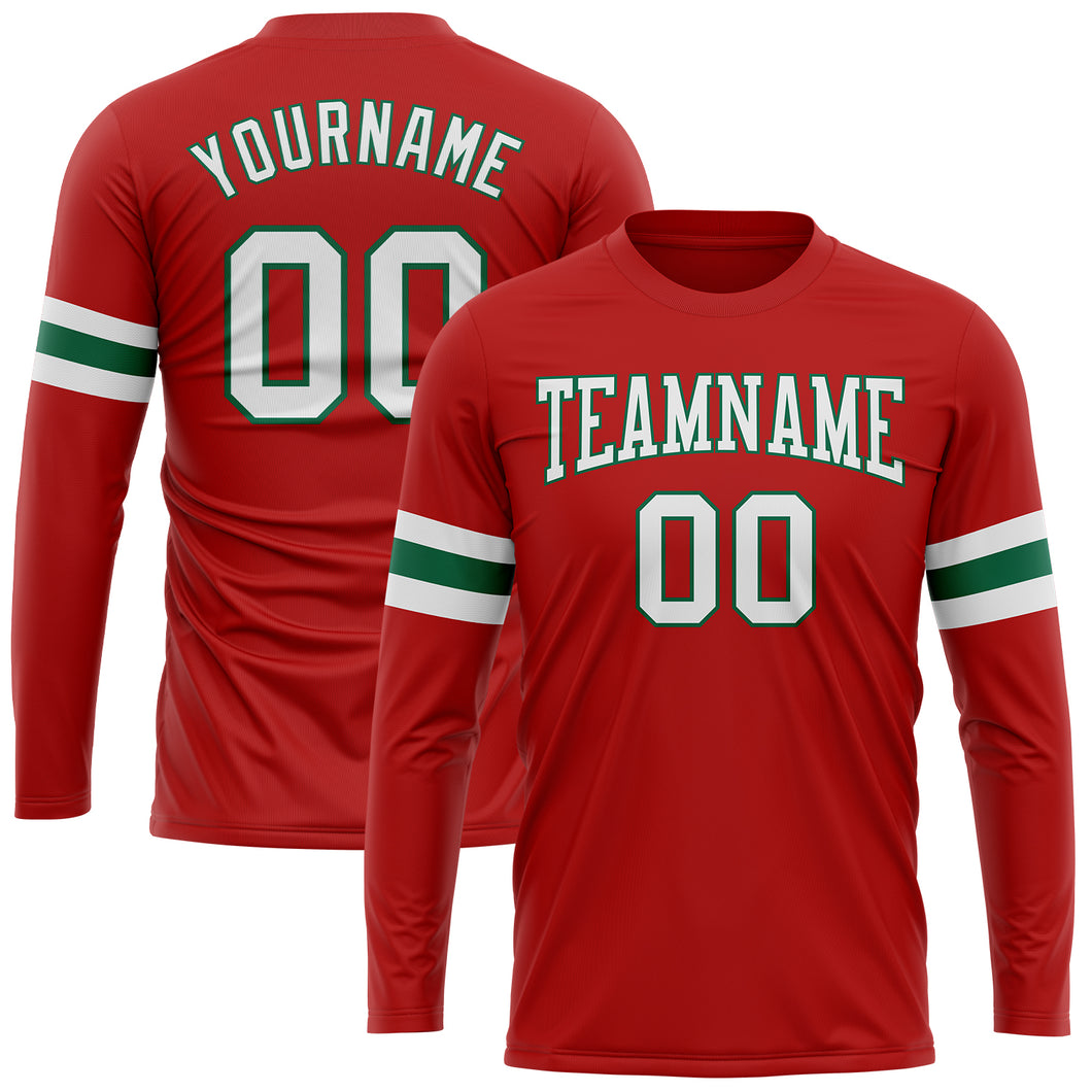 Custom Red White-Kelly Green Long Sleeve Performance T-Shirt