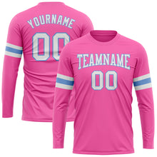 Load image into Gallery viewer, Custom Pink White-Light Blue Long Sleeve Performance T-Shirt
