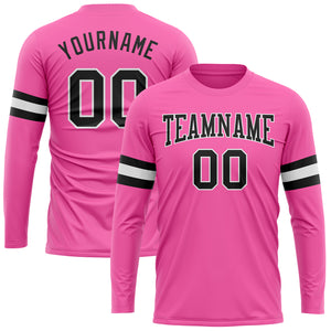 Custom Pink Black-White Long Sleeve Performance T-Shirt