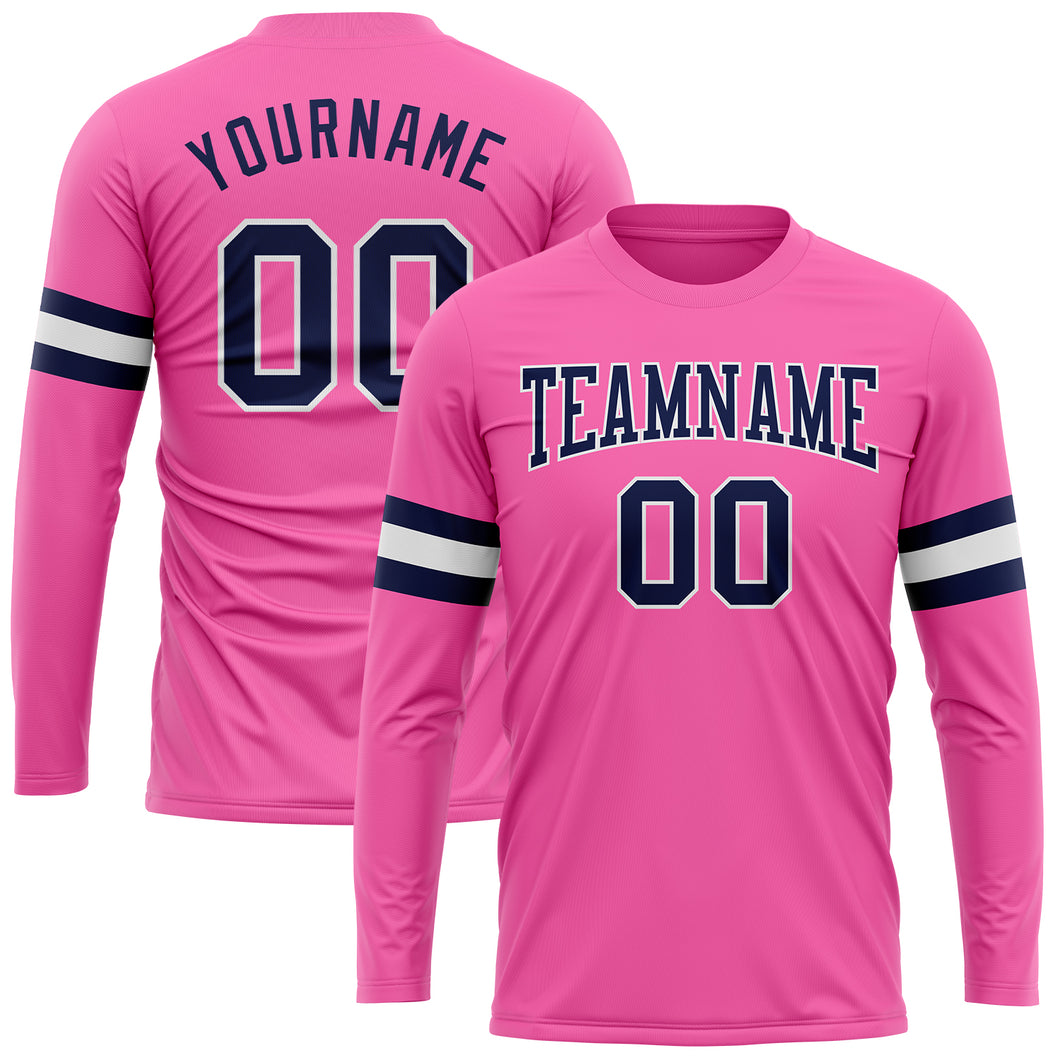 Custom Pink Navy-White Long Sleeve Performance T-Shirt