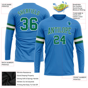 Custom Powder Blue Kelly Green-White Long Sleeve Performance T-Shirt