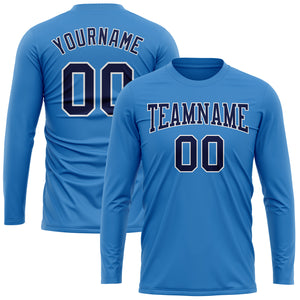 Custom Powder Blue Navy-White Long Sleeve Performance T-Shirt