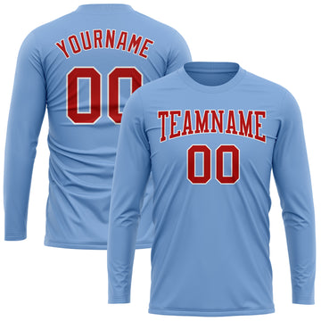 Custom Light Blue Red-White Long Sleeve Performance T-Shirt