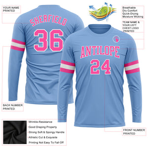 Custom Light Blue Pink-White Long Sleeve Performance T-Shirt