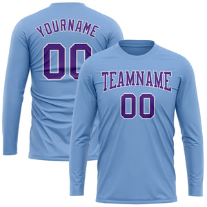 Custom Light Blue Purple-White Long Sleeve Performance T-Shirt