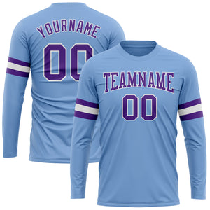 Custom Light Blue Purple-White Long Sleeve Performance T-Shirt