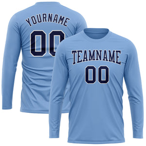 Custom Light Blue Navy-White Long Sleeve Performance T-Shirt