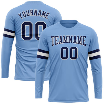 Custom Light Blue Navy-White Long Sleeve Performance T-Shirt