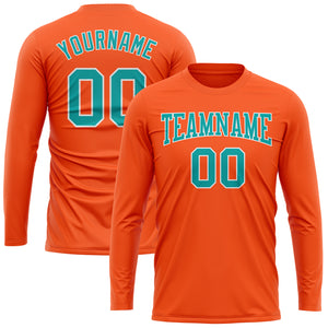 Custom Orange Aqua-White Long Sleeve Performance T-Shirt