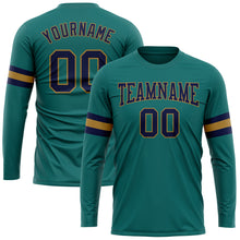 Load image into Gallery viewer, Custom Aqua Navy-Old Gold Long Sleeve Performance T-Shirt
