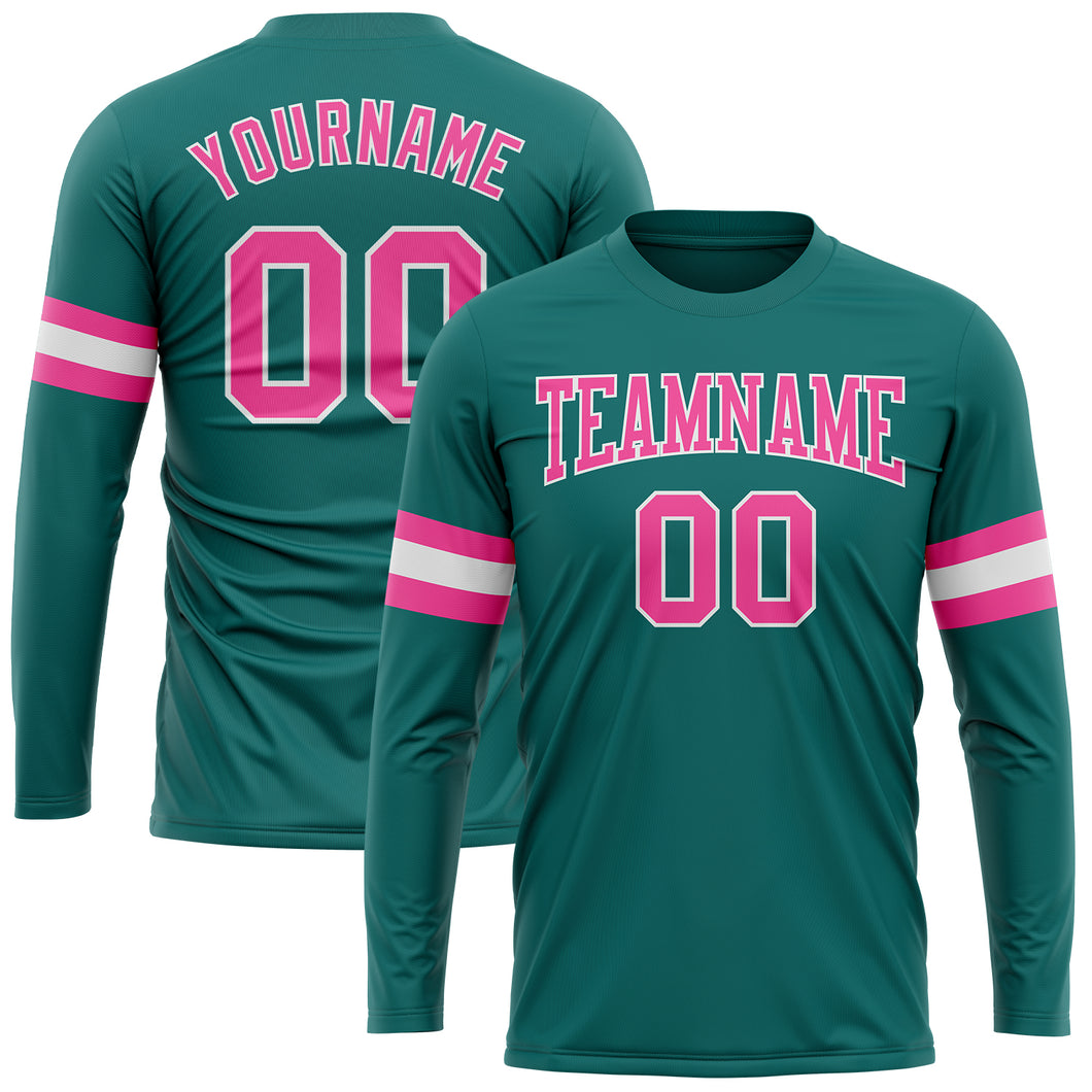 Custom Aqua Pink-White Long Sleeve Performance T-Shirt