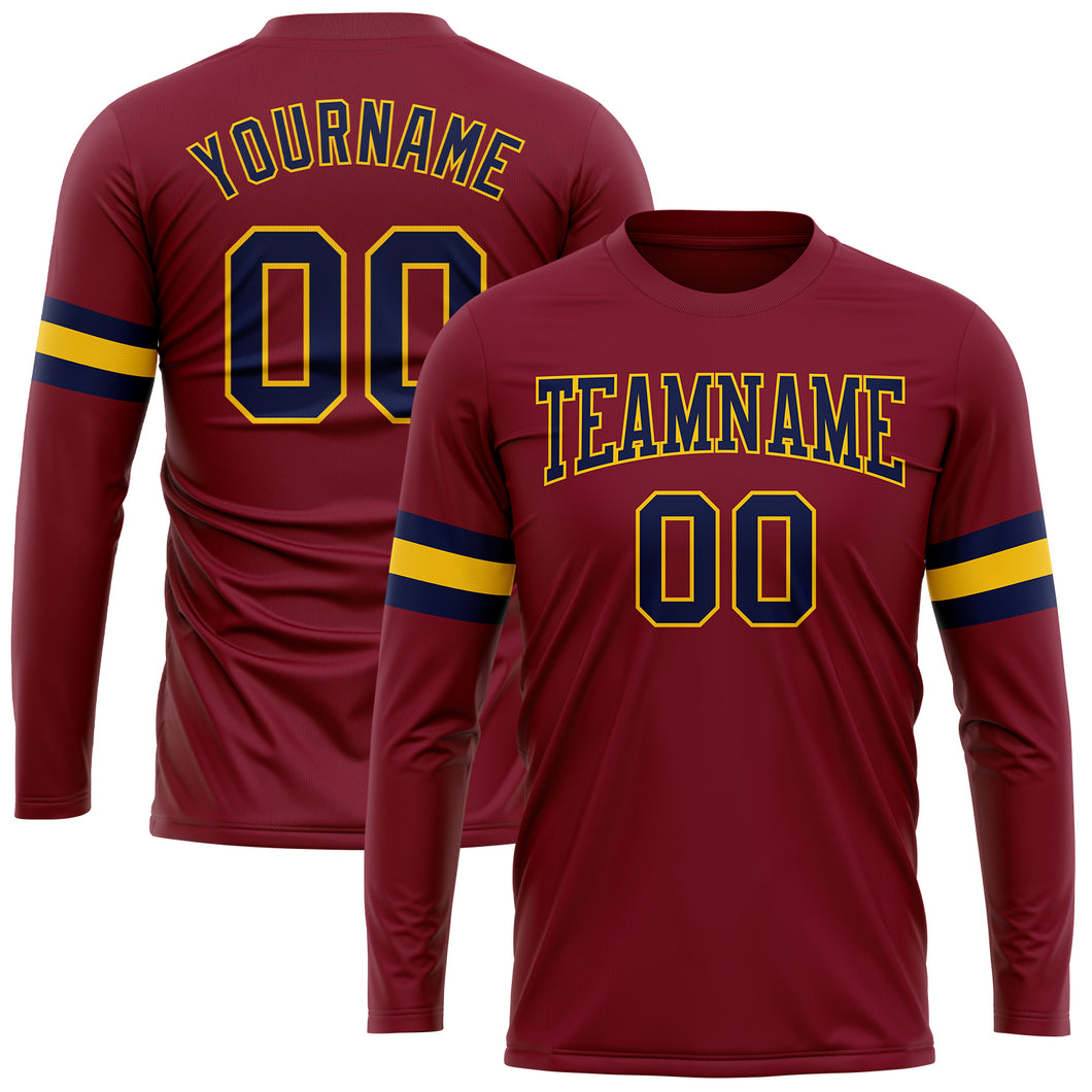 Custom Crimson Navy-Gold Long Sleeve Performance T-Shirt