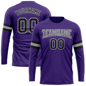 Custom Purple Black-Gray Long Sleeve Performance T-Shirt