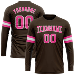 Custom Brown Pink-White Long Sleeve Performance T-Shirt