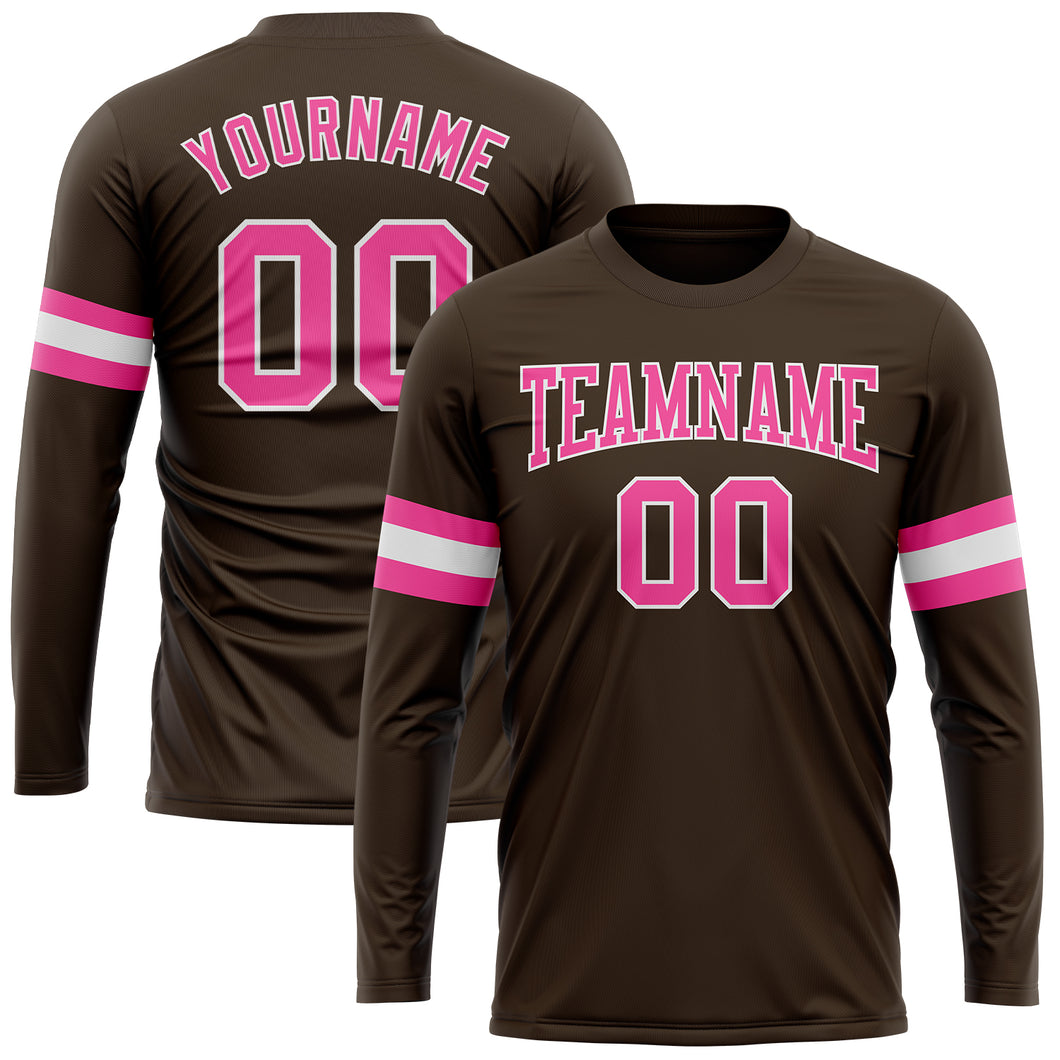 Custom Brown Pink-White Long Sleeve Performance T-Shirt