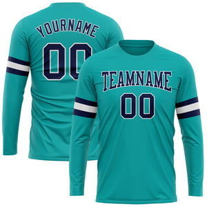 Custom Aqua Navy-White Long Sleeve Performance T-Shirt