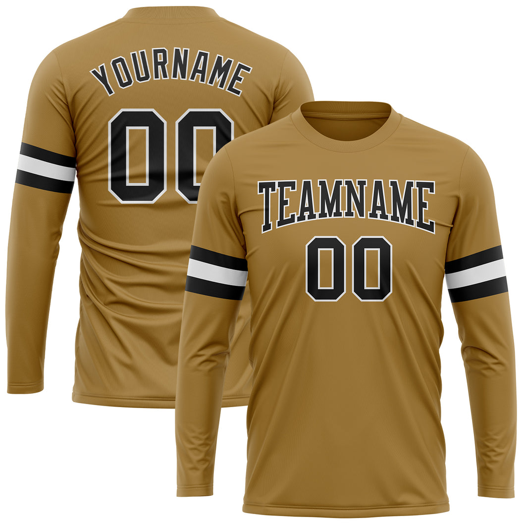 Custom Old Gold Black-White Long Sleeve Performance T-Shirt