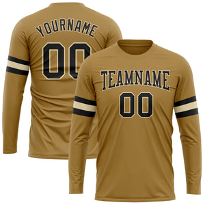 Custom Old Gold Black-Cream Long Sleeve Performance T-Shirt