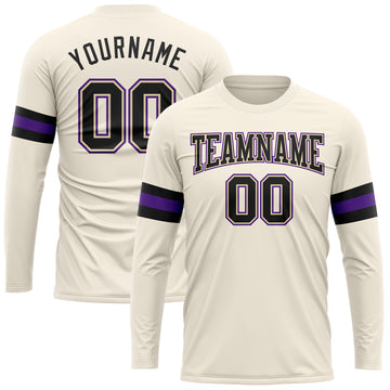 Custom Cream Black-Purple Long Sleeve Performance T-Shirt