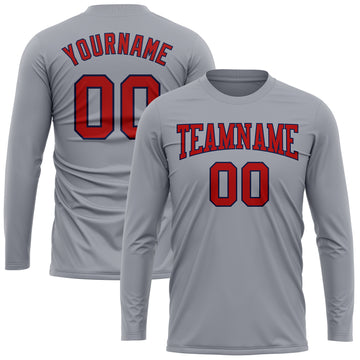 Custom Gray Red-Navy Long Sleeve Performance T-Shirt