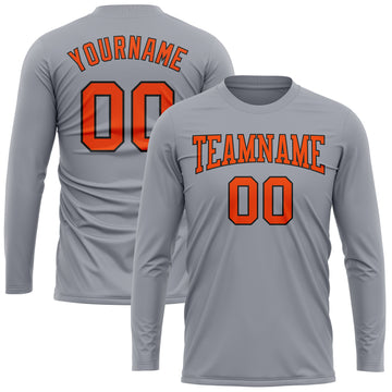 Custom Gray Orange-Black Long Sleeve Performance T-Shirt