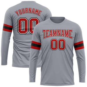 Custom Gray Red-Black Long Sleeve Performance T-Shirt