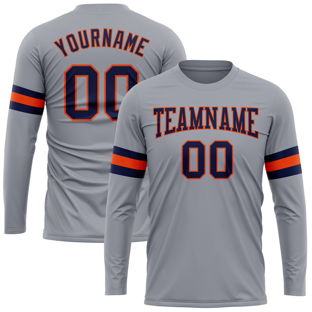 Custom Gray Navy-Orange Long Sleeve Performance T-Shirt