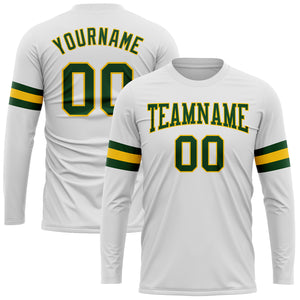 Custom White Green-Gold Long Sleeve Performance T-Shirt