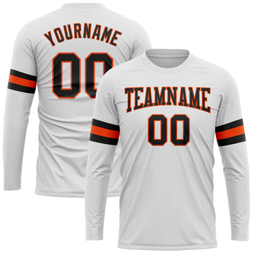 Custom White Black-Orange Long Sleeve Performance T-Shirt