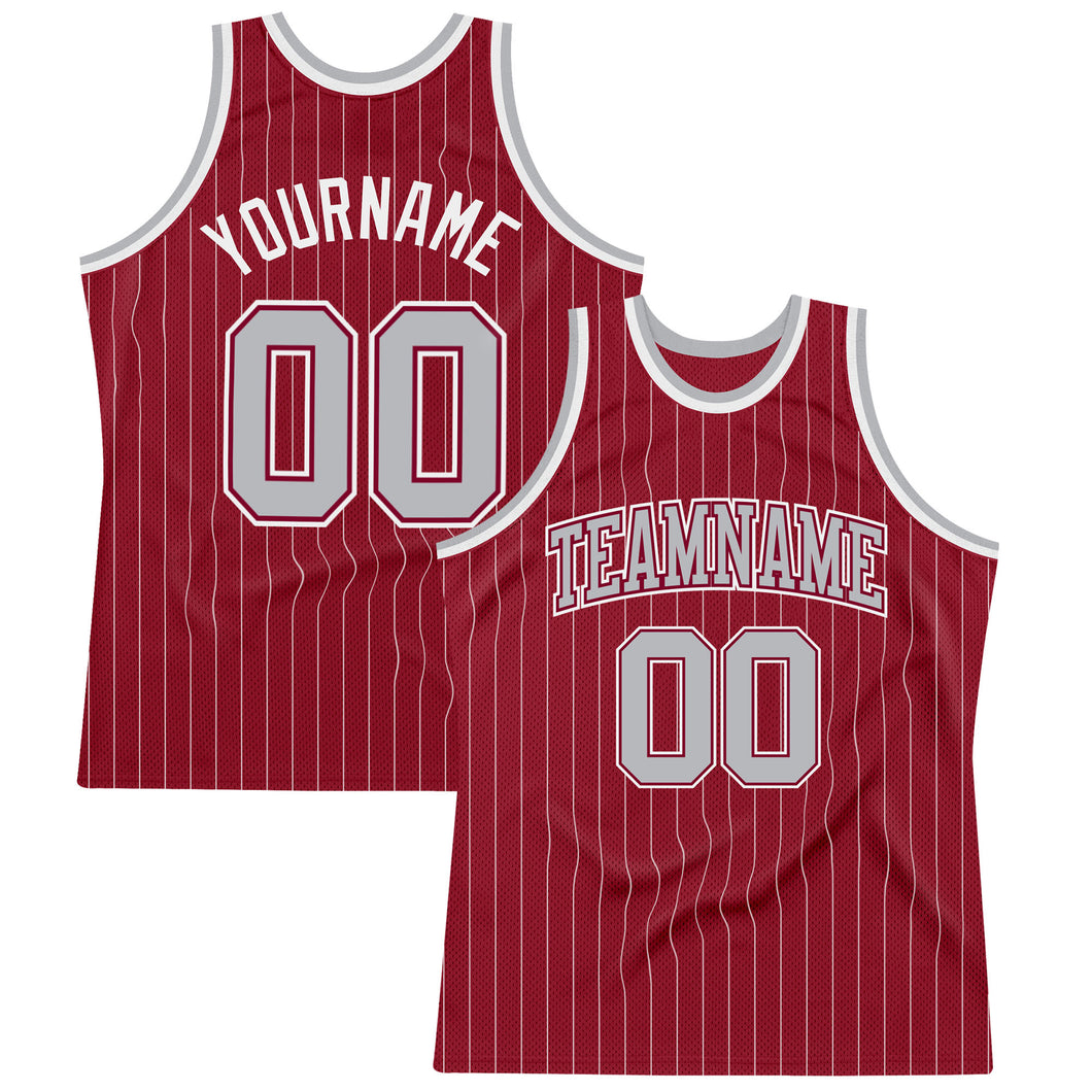 Custom Maroon White Pinstripe Gray Authentic Basketball Jersey