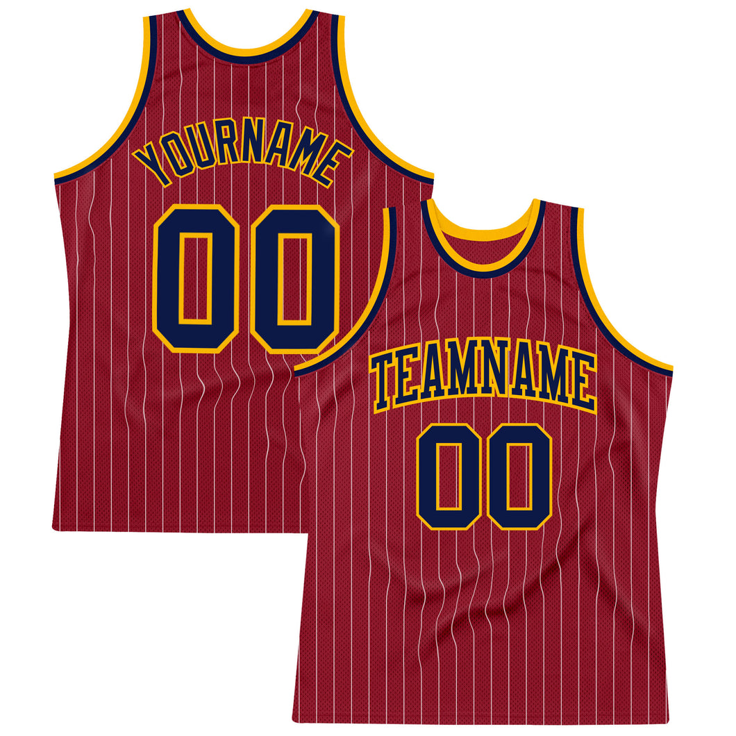 Custom Maroon White Pinstripe Navy-Gold Authentic Basketball Jersey