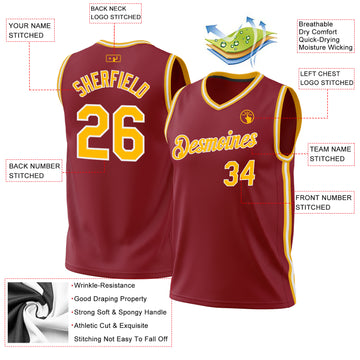 Custom Maroon Gold-White Authentic Throwback Basketball Jersey