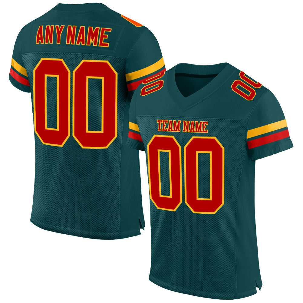 Custom Midnight Green Red-Gold Mesh Authentic Football Jersey