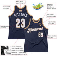 Load image into Gallery viewer, Custom Navy White-Old Gold Authentic Throwback Basketball Jersey
