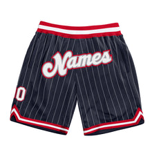 Load image into Gallery viewer, Custom Navy White Pinstripe White-Red Authentic Basketball Shorts
