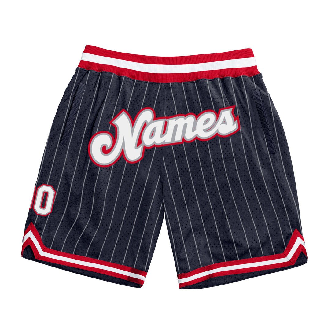 Custom Navy White Pinstripe White-Red Authentic Basketball Shorts