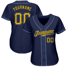 Load image into Gallery viewer, Custom Navy Gold-Light Blue Authentic Baseball Jersey

