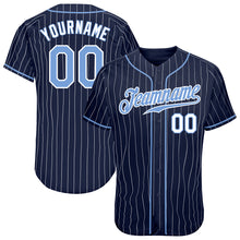 Load image into Gallery viewer, Custom Navy White Pinstripe Light Blue-White Authentic Baseball Jersey
