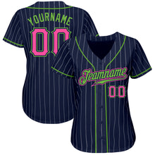 Load image into Gallery viewer, Custom Navy White Pinstripe Pink-Neon Green Authentic Baseball Jersey
