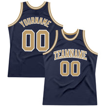 Load image into Gallery viewer, Custom Navy Old Gold-White Authentic Throwback Basketball Jersey
