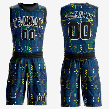 Custom Navy Black-Gold Round Neck Sublimation Basketball Suit Jersey