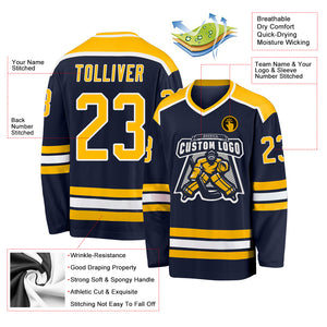 Custom Navy Gold-White Hockey Jersey