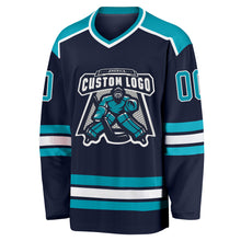 Load image into Gallery viewer, Custom Navy Teal-White Hockey Jersey
