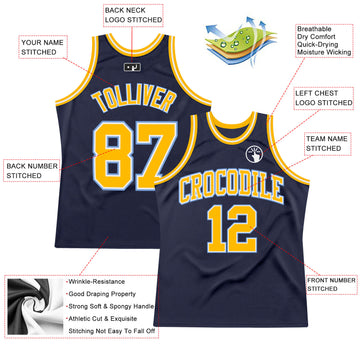 Custom Navy Gold-Light Blue Authentic Throwback Basketball Jersey